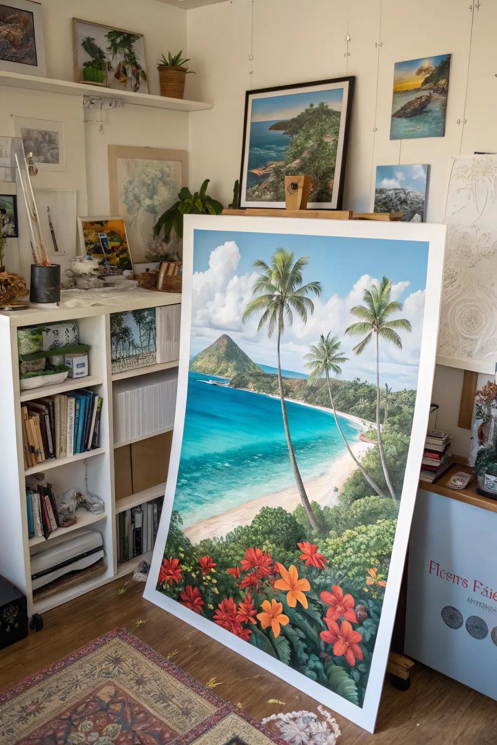 A surreal Hawaiian dreamscape wall decor piece enhancing a creative room.