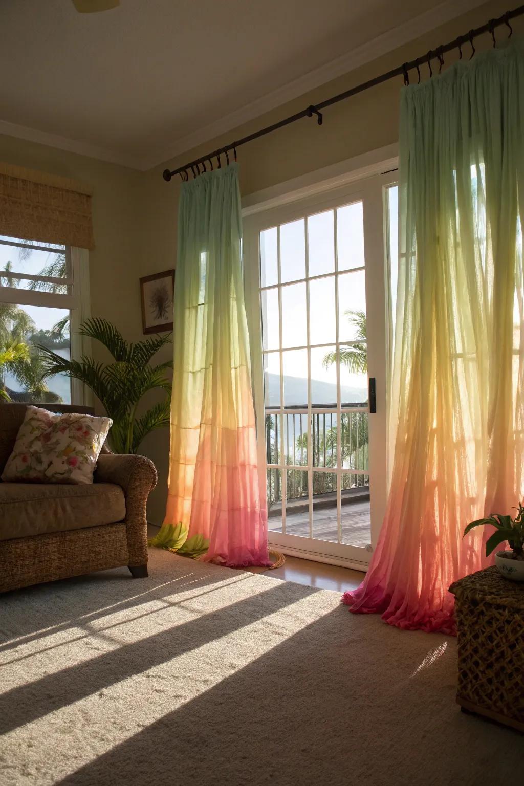 Hula-inspired curtains bring a sense of movement and elegance.
