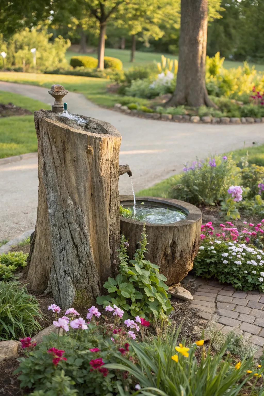 A tree base stands as support for a tranquil water piece.