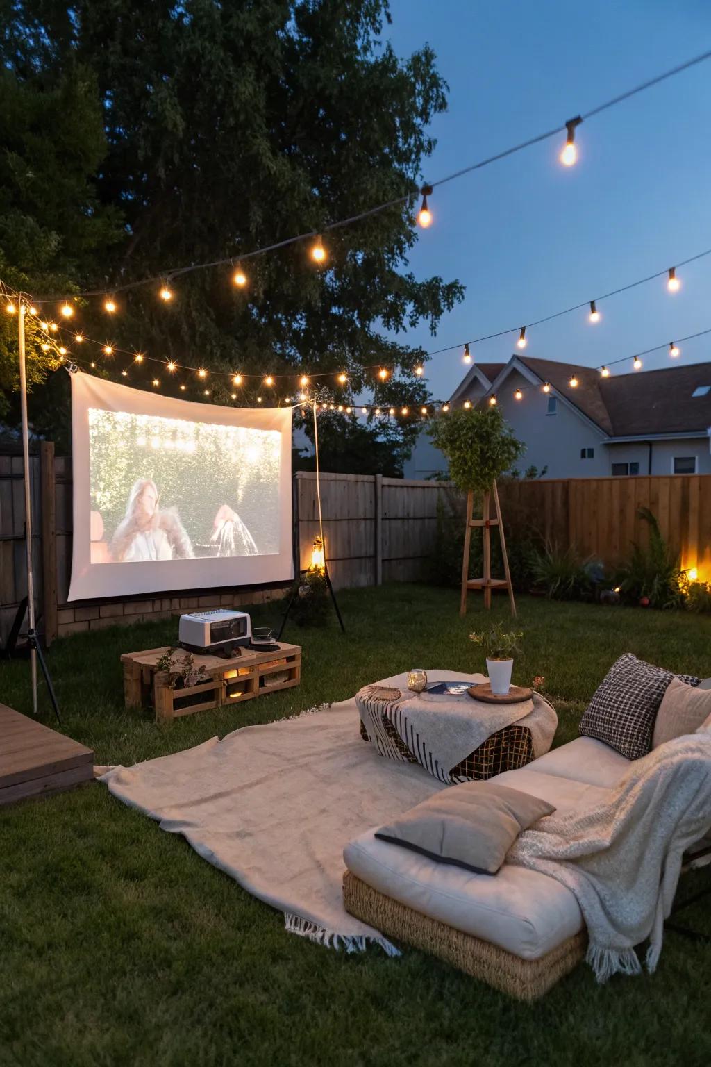 A comfortable outdoor cinema setup for an enchanting experience.