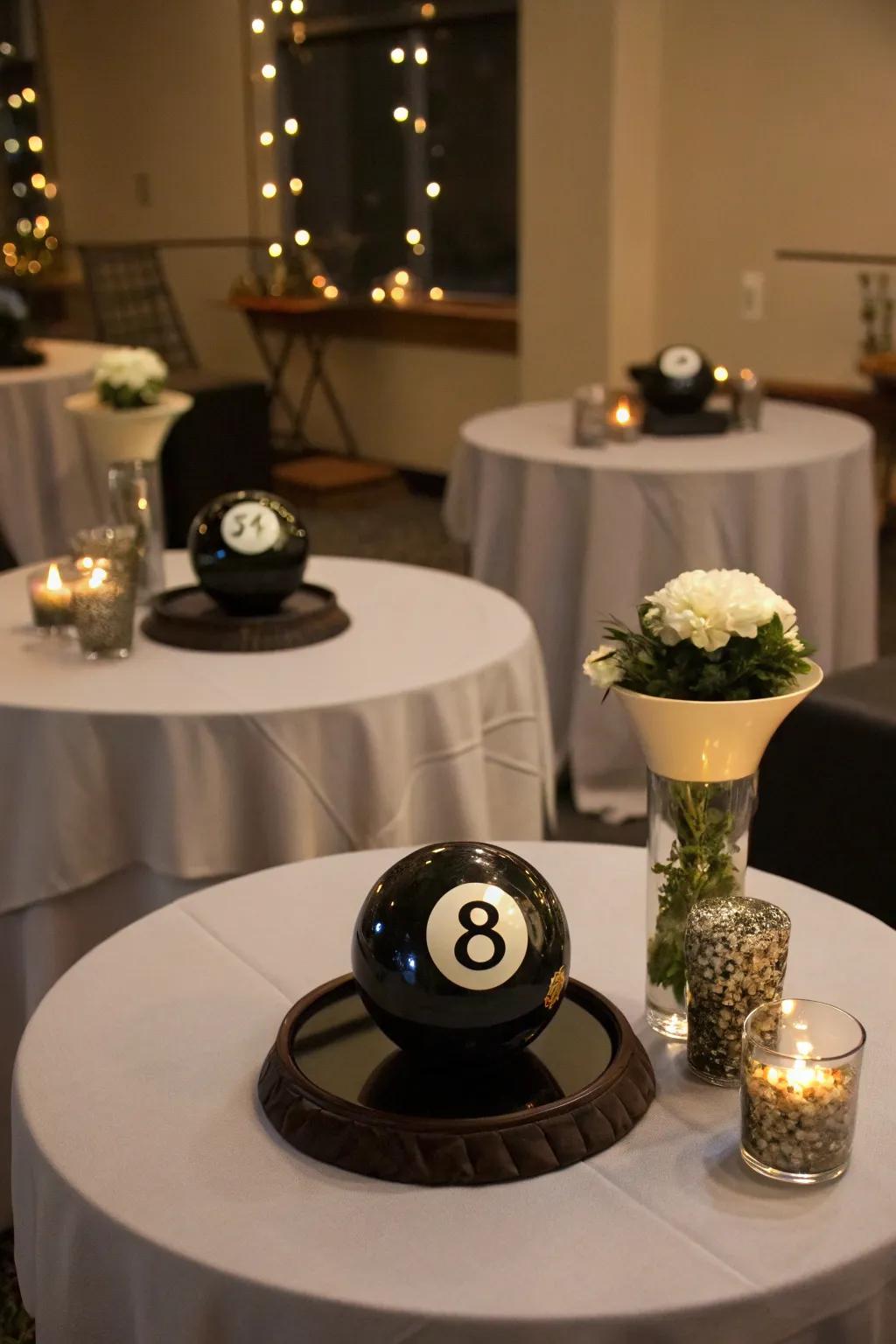 Magic 8 Balls serve as playful and interactive decor.