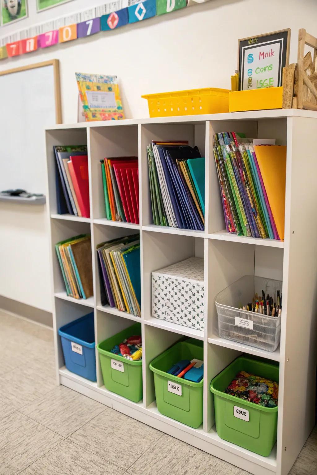 Cubby structures assist children in organizing their resources and establishing a tidy space.