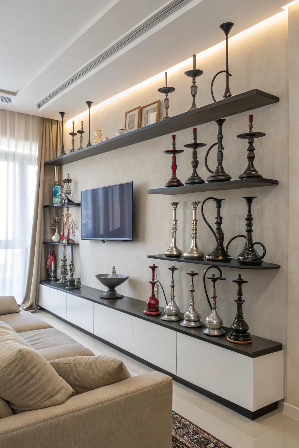 Floating shelves deliver minimalist, organized storage.