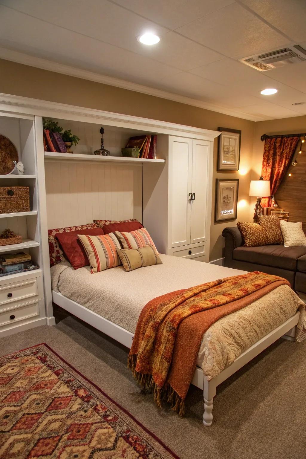 A cozy cabin-inspired room featuring a foldaway bed, offering a warm and inviting escape.