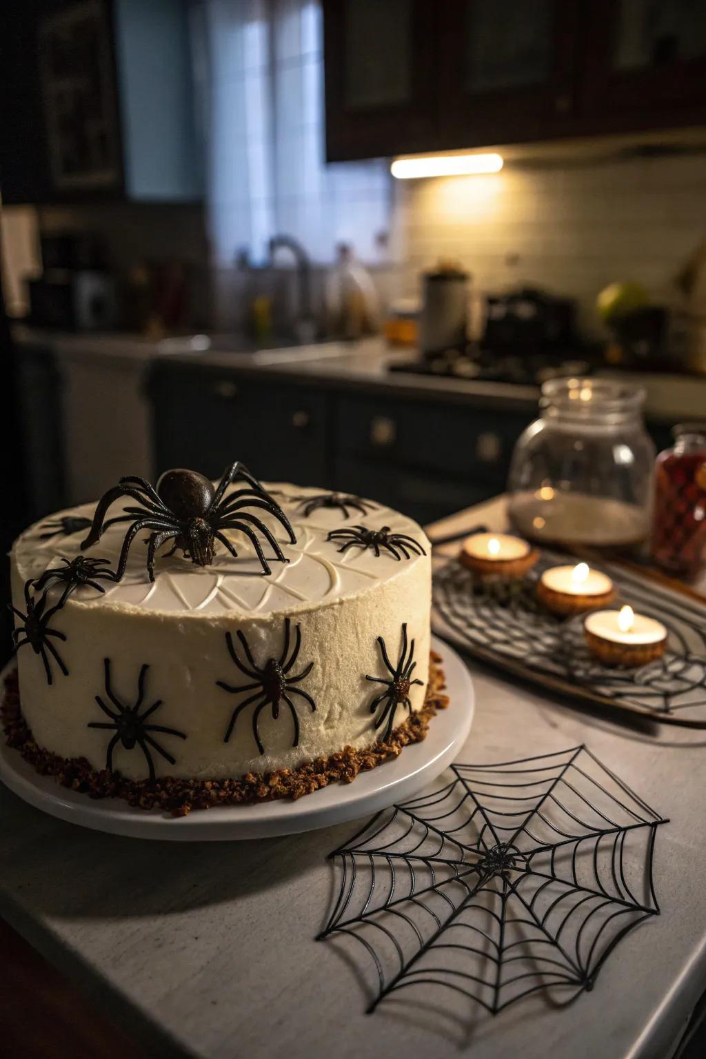 An arachnid attack cake that is sure to frighten.
