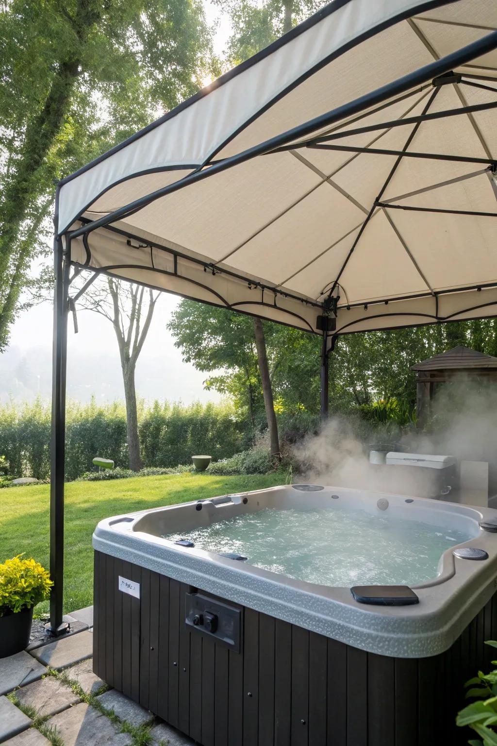 A hanging shield offers shade and privacy from above.