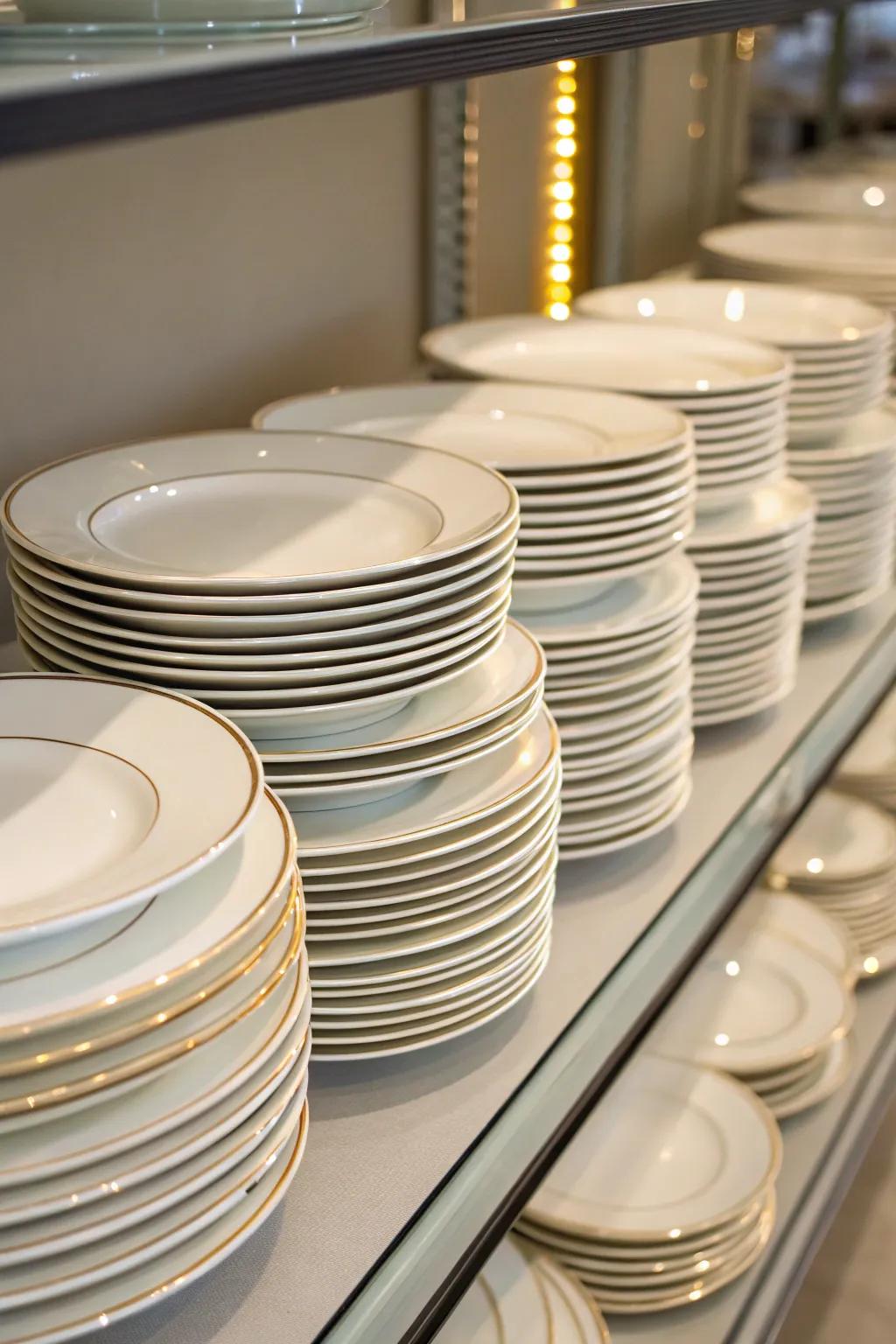 Neatly stacked dishware on a shelf with steady spacing for a tidy appearance.