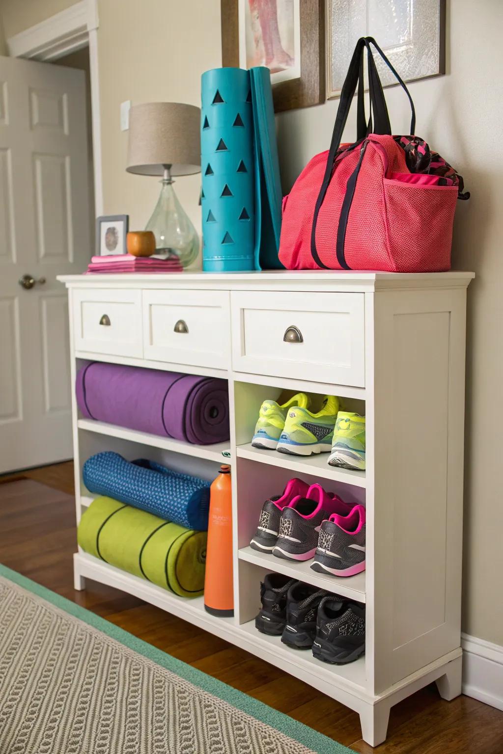 Giving a dresser a second life for workout gear.