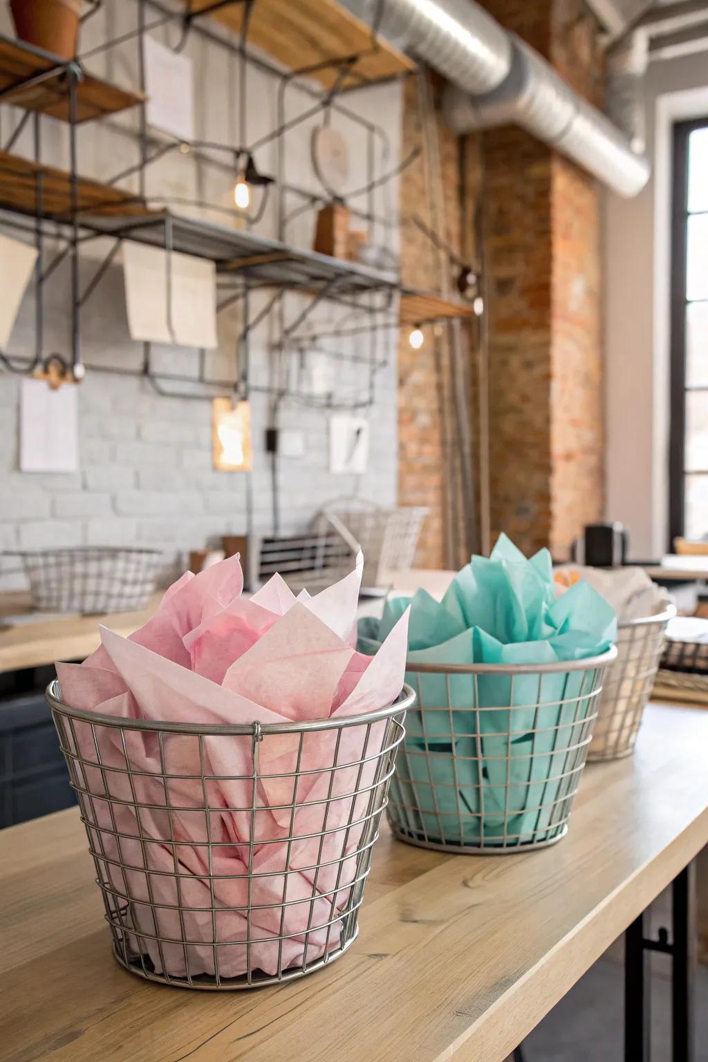 Metal baskets provide effortless tissue paper reach.
