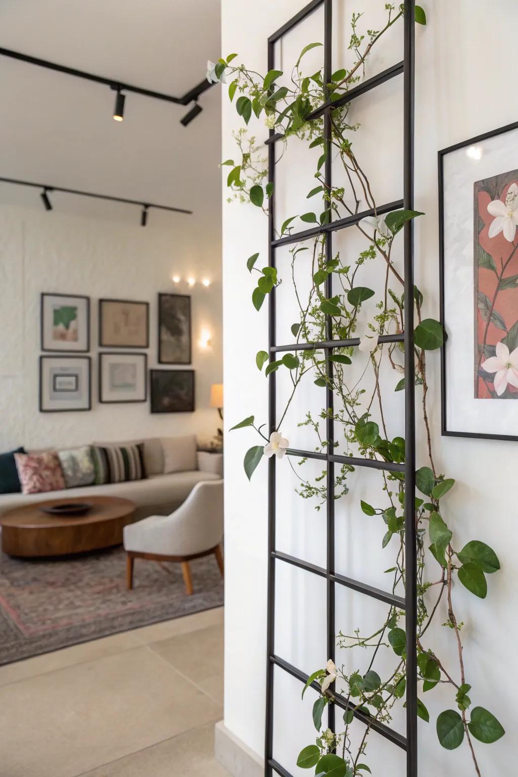 A modern art-inspired room featuring a wax plant on a framed wall support.