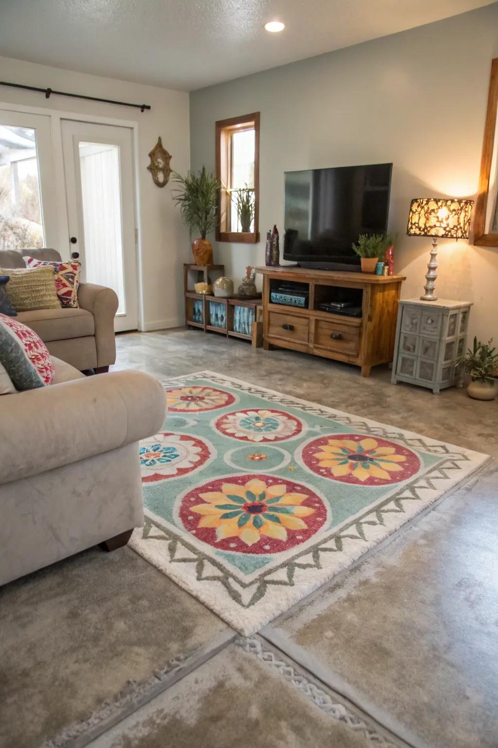 A simulated floor covering painted across a concrete floor introduces warmth and design to this inviting lounge.