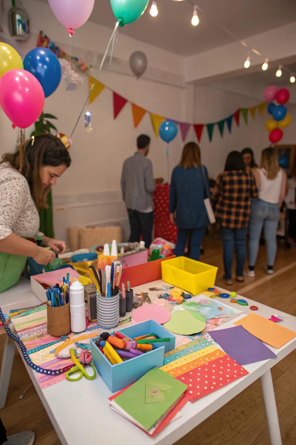 A creative indoor party featuring a DIY creation corner.