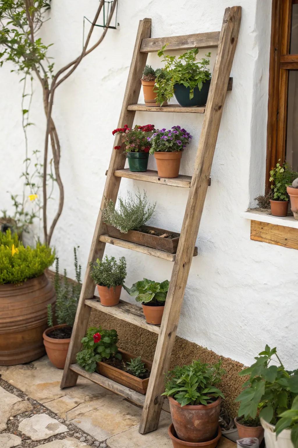 Add rustic charm using a tiered plant display.