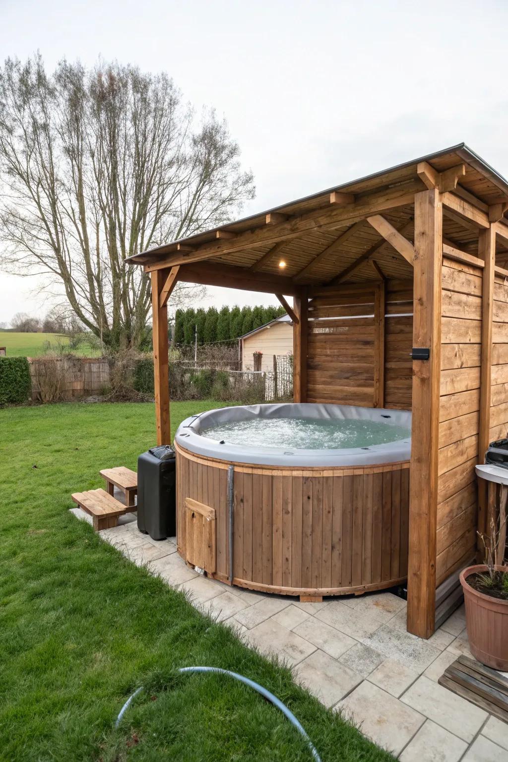A wooden enclosure appends a naturalistic charm to the bubbling tub.