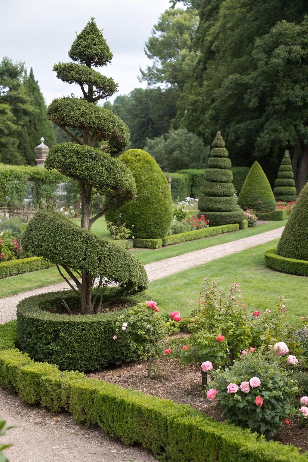 Whimsical evergreen sculptures adding magic