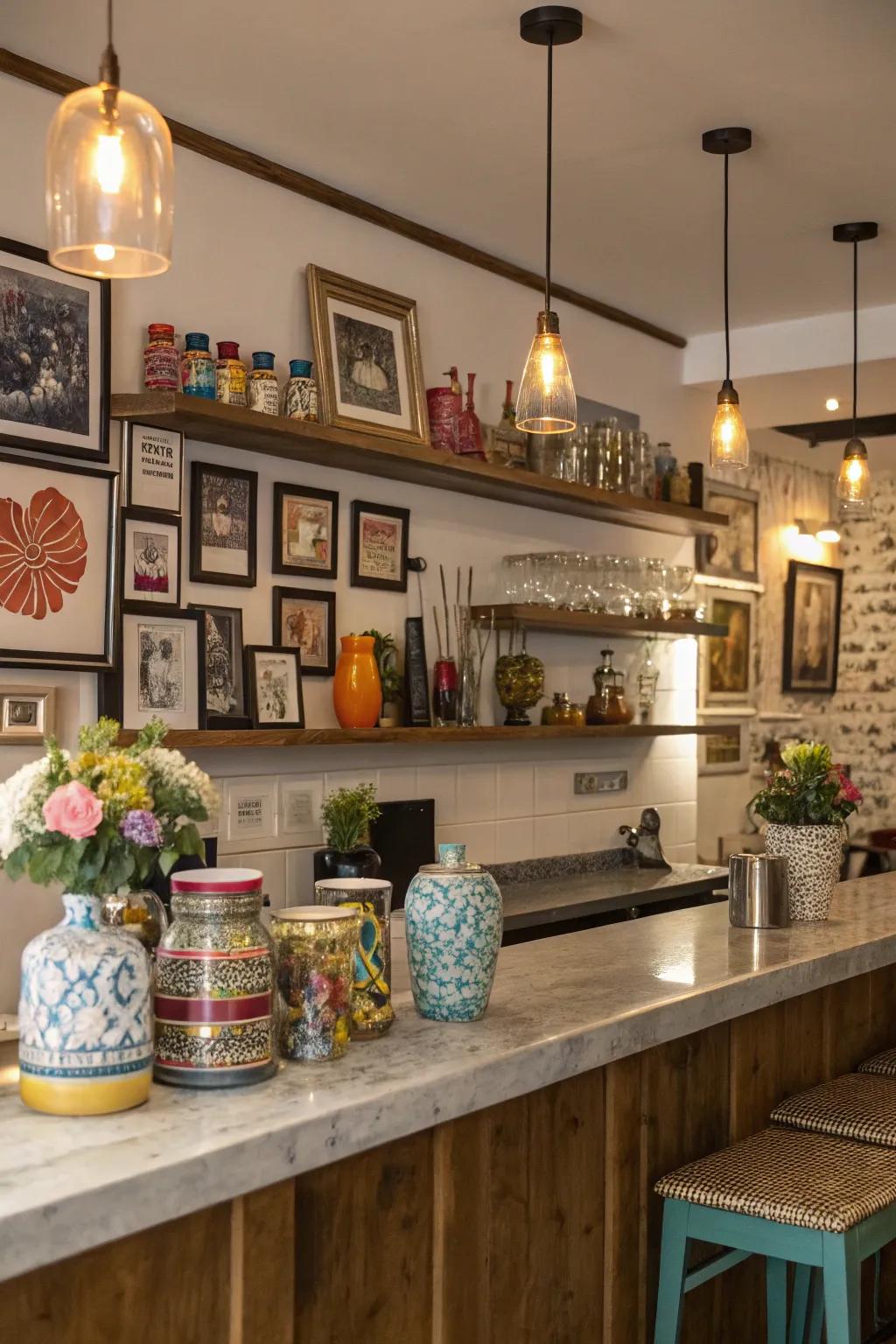 Artwork and embellishments personalize your kitchen bar.