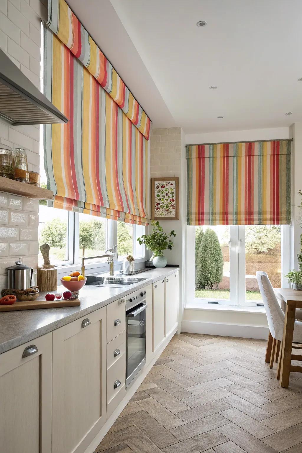 Dynamic kitchen featuring bold banded window treatments