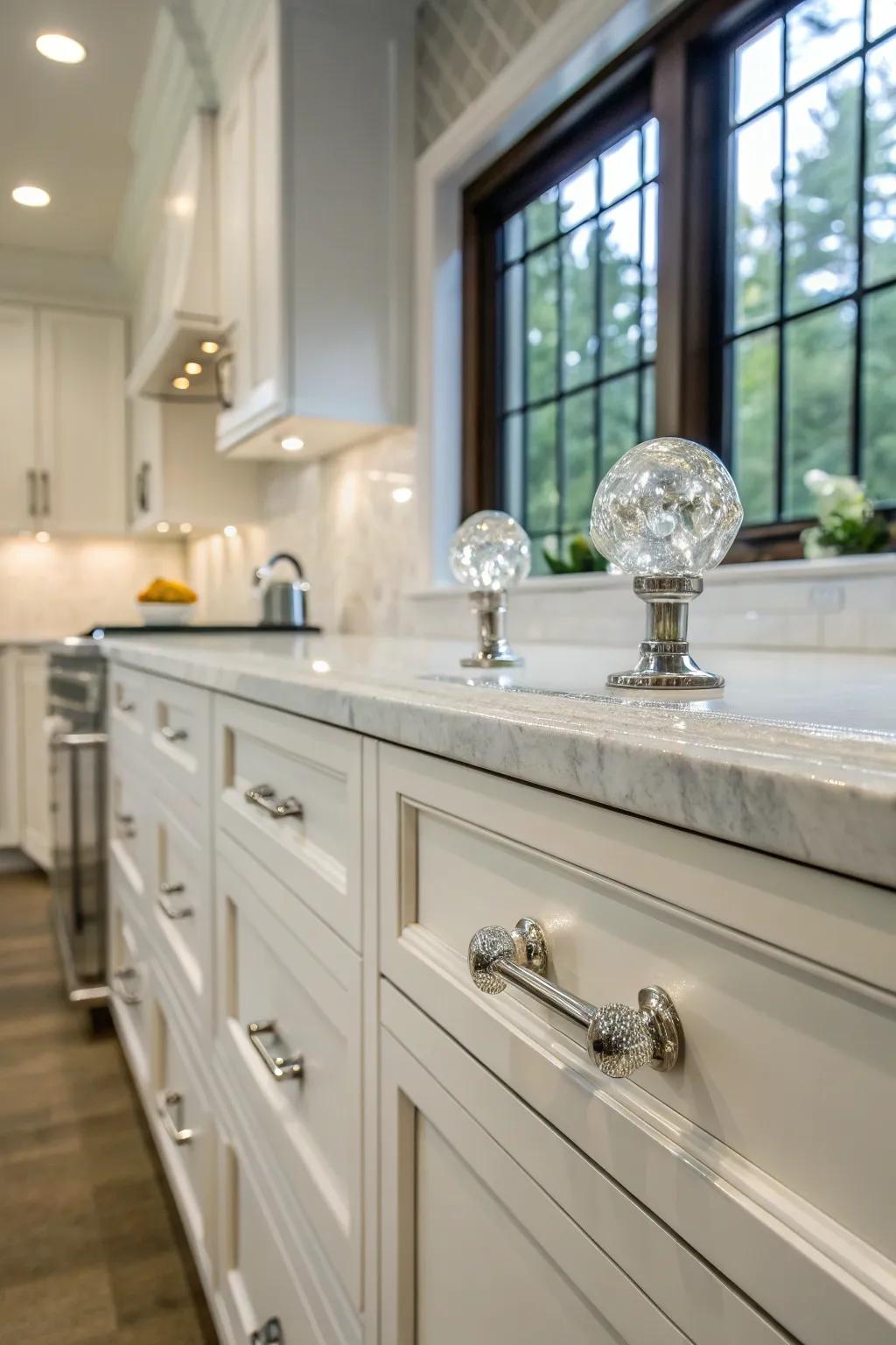 Quartz gems add glamour and a touch of sparkle to kitchen decor.