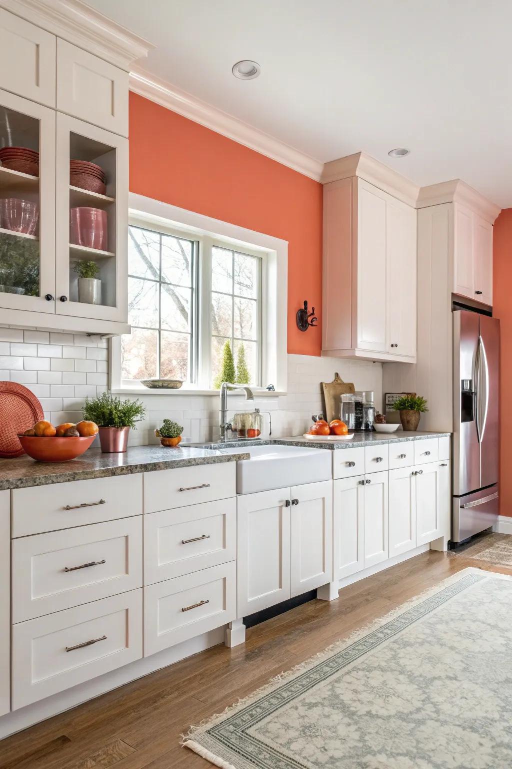 Strong rouge walls provide a vibrant and energetic contrast.