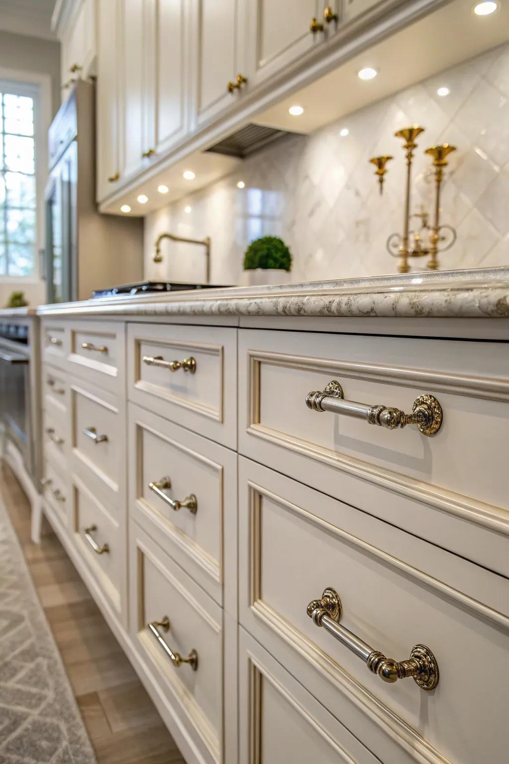 Glamorous hardware adding elegance to the kitchen.
