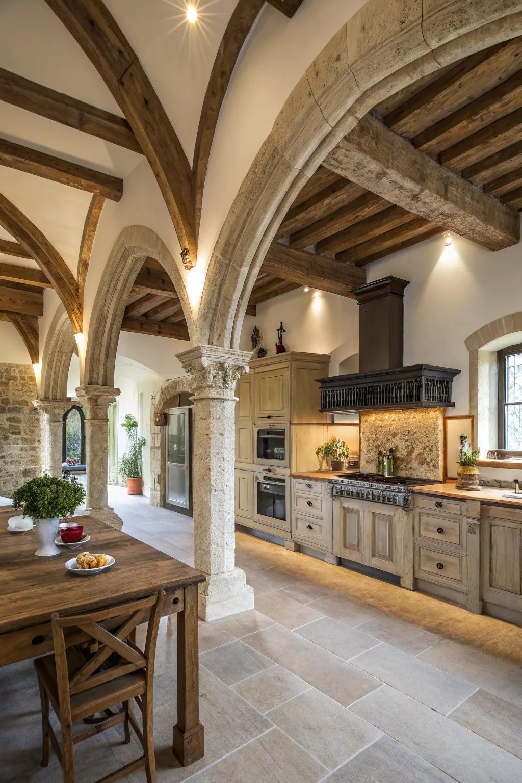 Architectural features include depth and character to the kitchen area design.