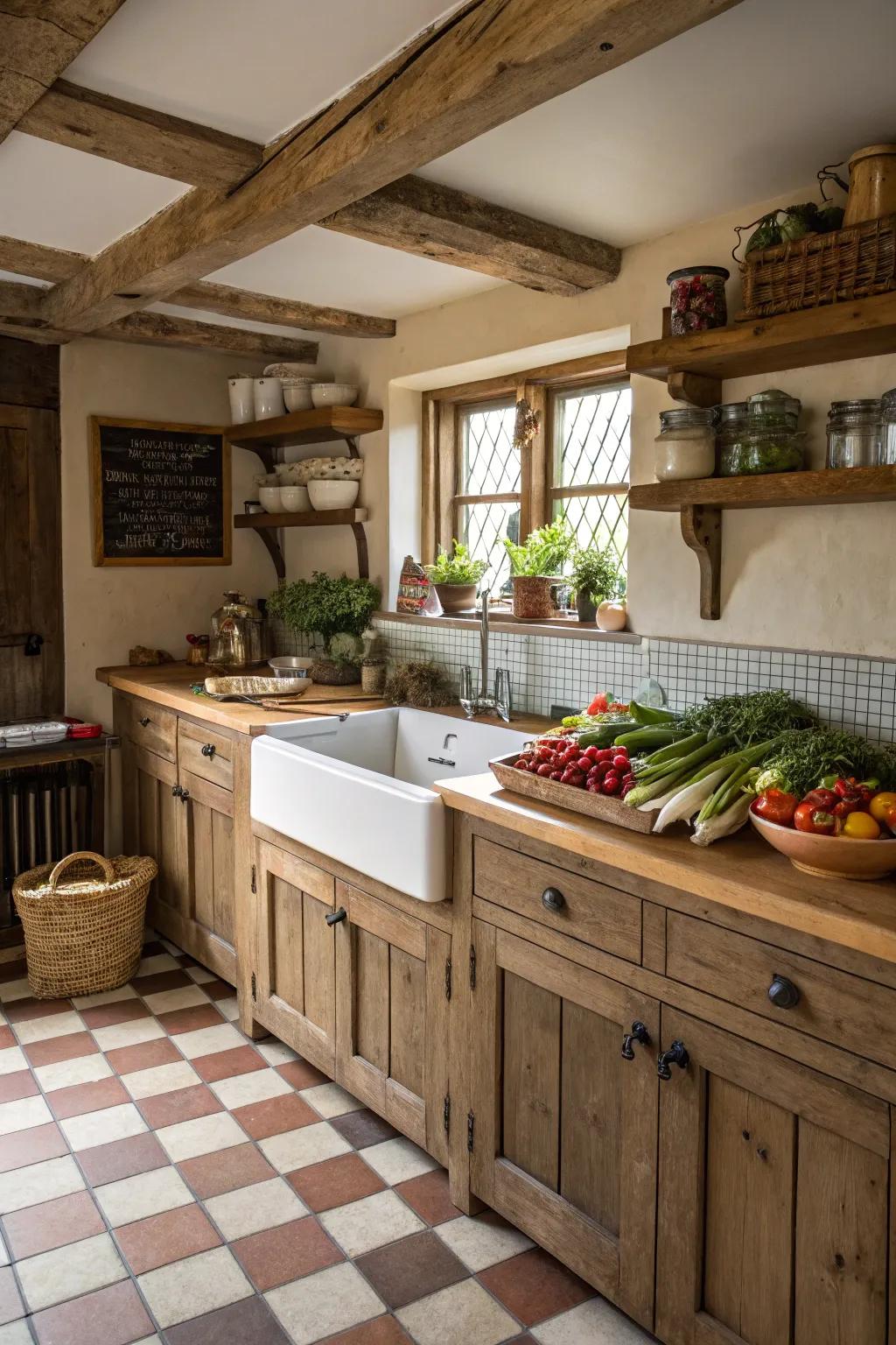 A homestead sink adds rustic charm and usefulness.