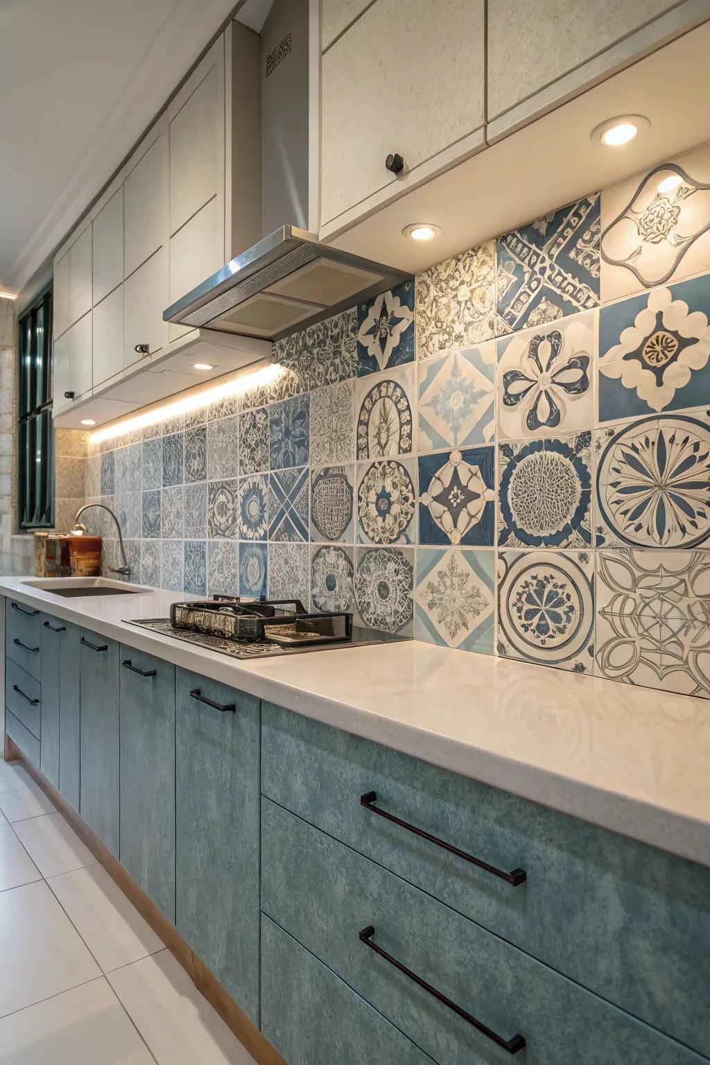Abstract patterned tiles inject a creative flair to this kitchen wall.