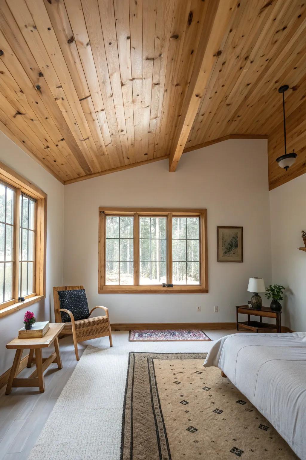 A minimalist room where the wood-clad ceiling is the focal point.