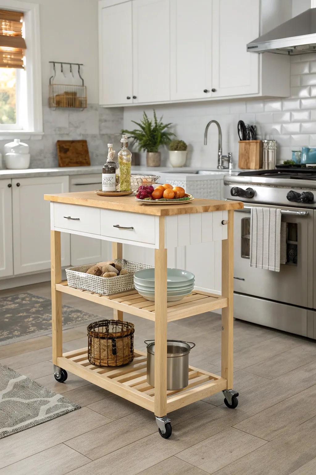 A moving island unit provides versatile and movable kitchen space.
