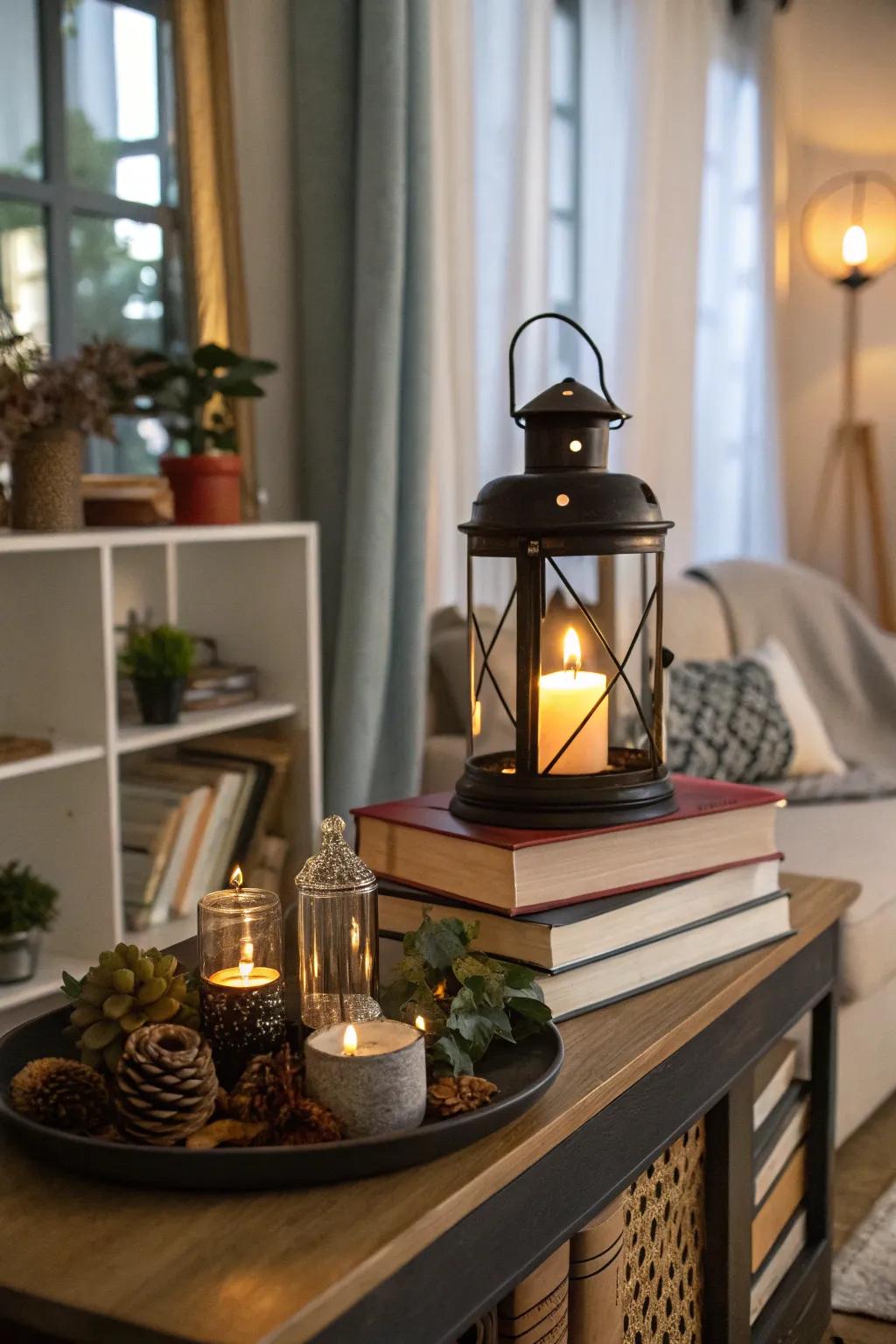 Layer lanterns with printed materials for a curated aesthetic.