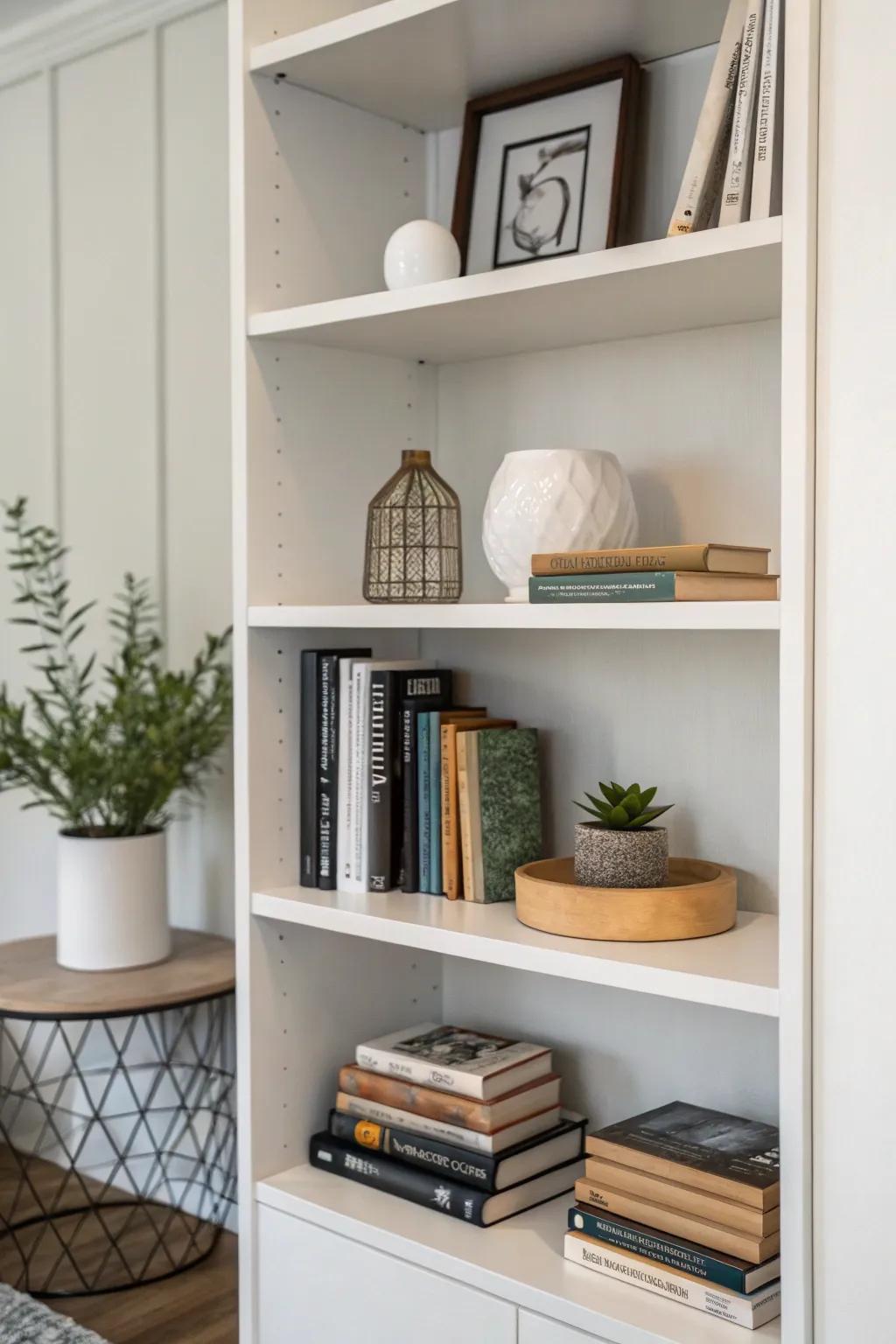 Negative space offers a breath of fresh air, spotlighting key pieces on the shelf.