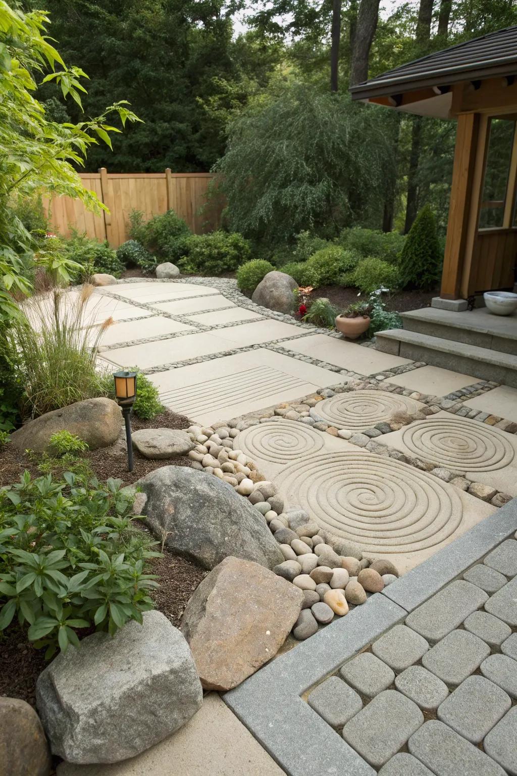 A Zen garden appends tranquility and contemplation to this patio.