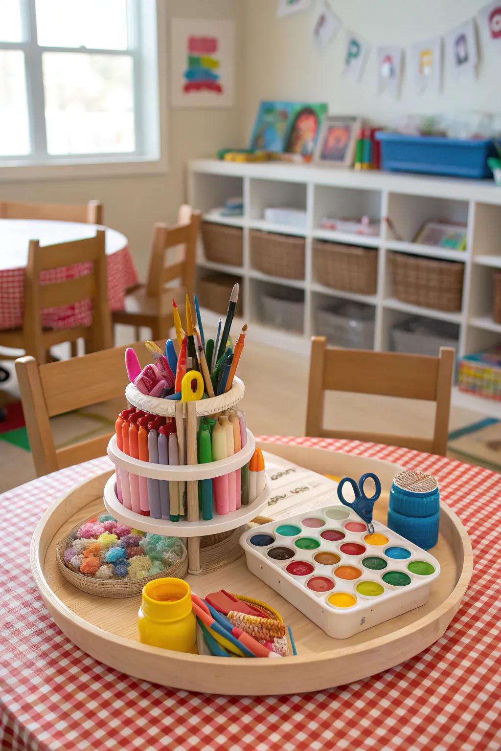 Inspire creativity with a spin organizer for kids’ craft supplies.