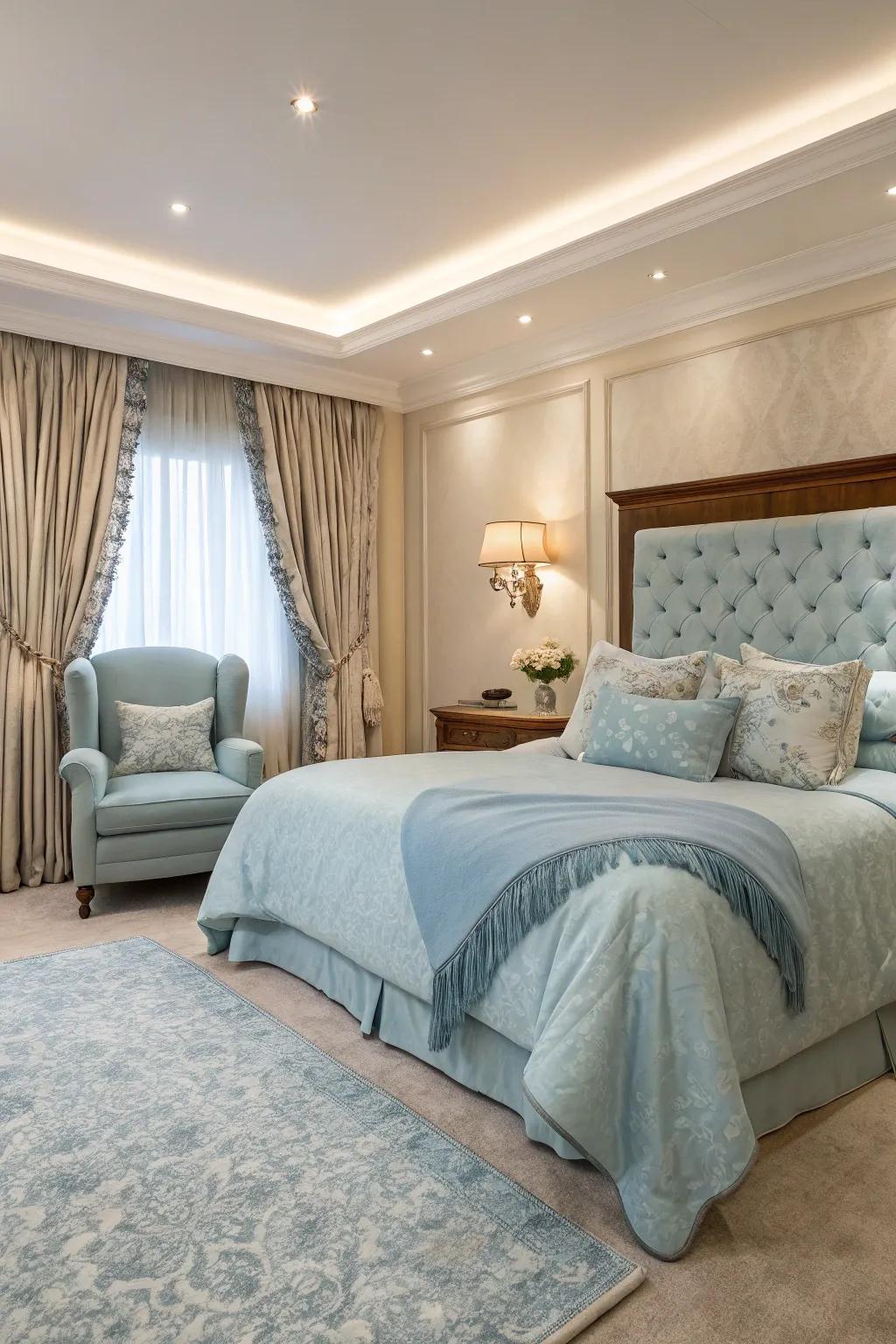A luxury bedroom featuring light blue tones with plush textiles for added comfort.