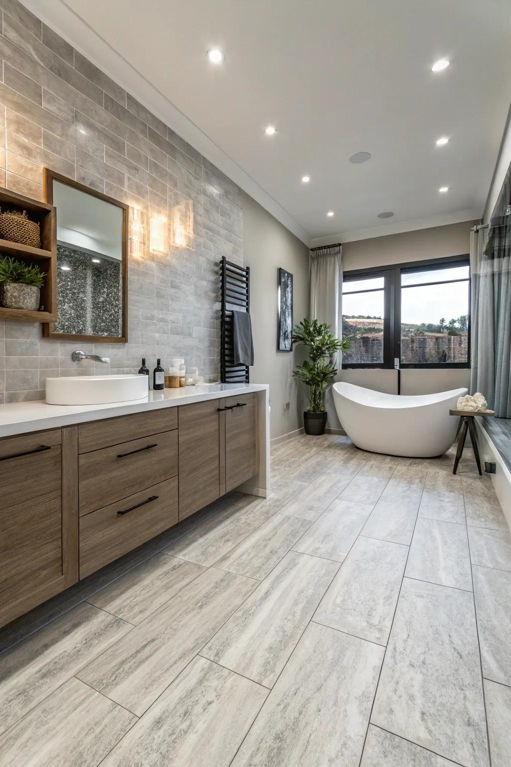 Light gray stone look LVT flooring adds a modern edge to this contemporary bathroom.