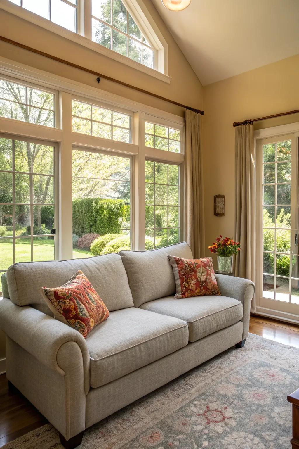 Sunshine expands how breezy your house comes across when built around a light grey couch.