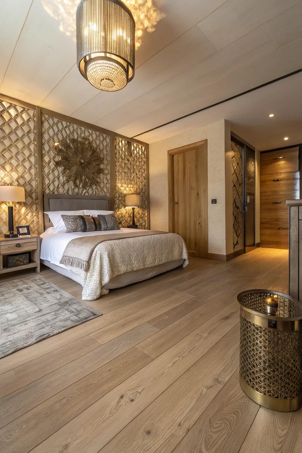 Metal highlights infusing light wood floor bedroom with luxury.
