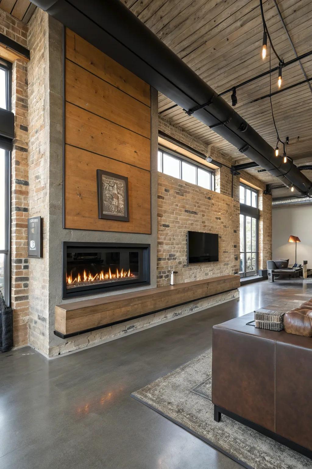 Synthesize lumber and metal, achieving a contemporary hearth aesthetic.