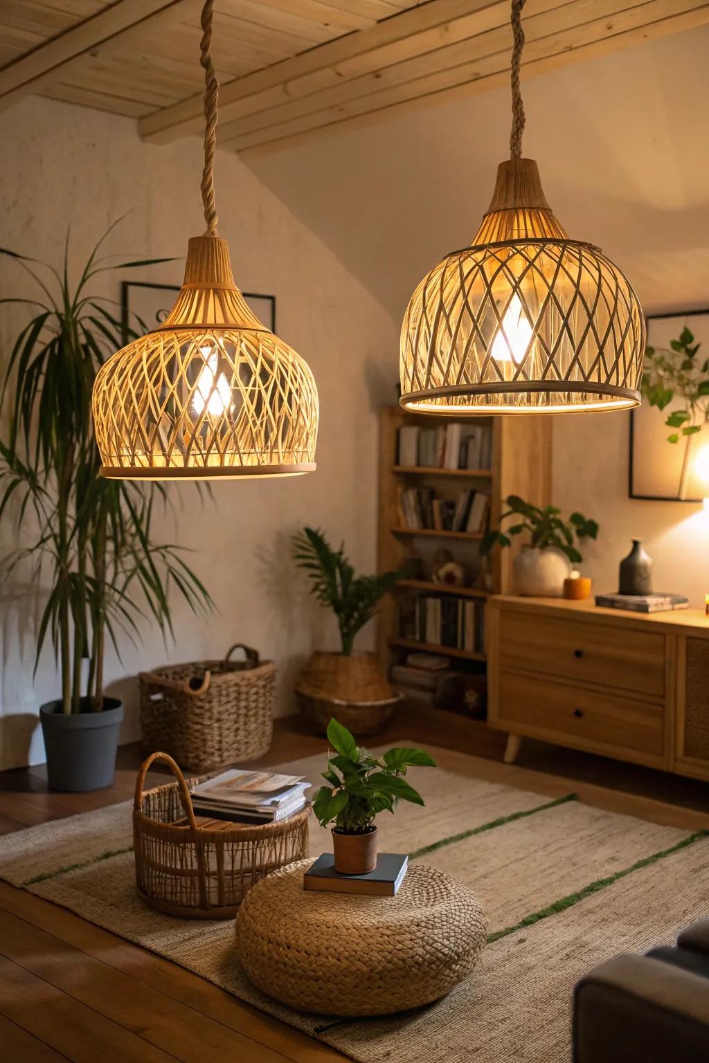 Cane lights offer sustainable, natural elegance.