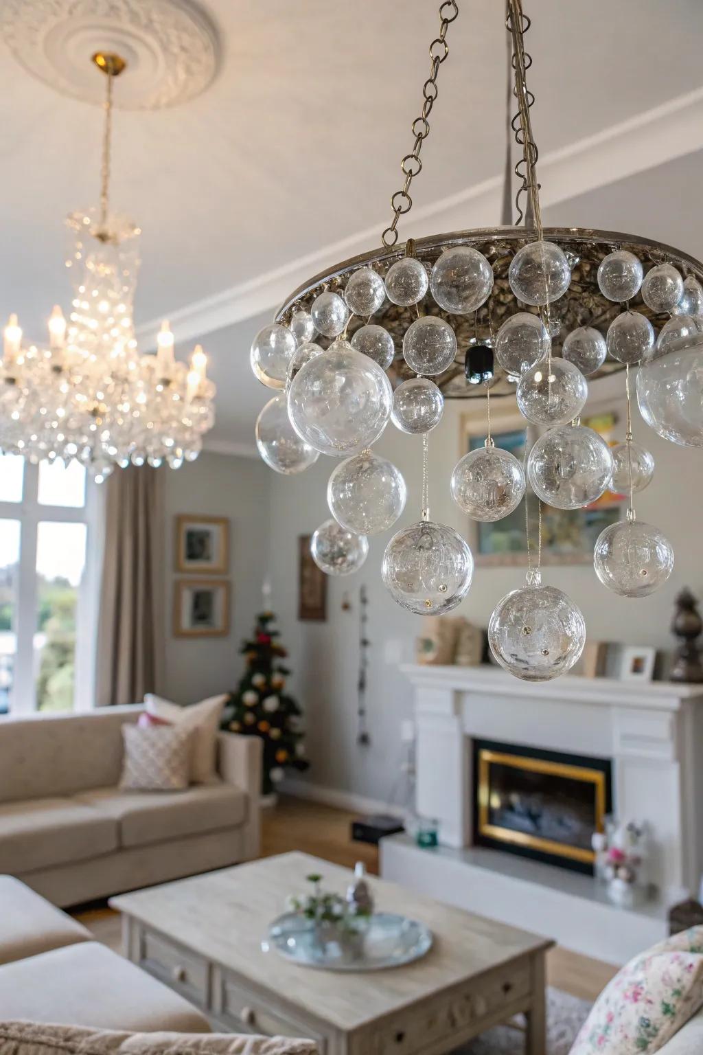 A living room is decorated with a chandelier presenting elegant glass orbs.