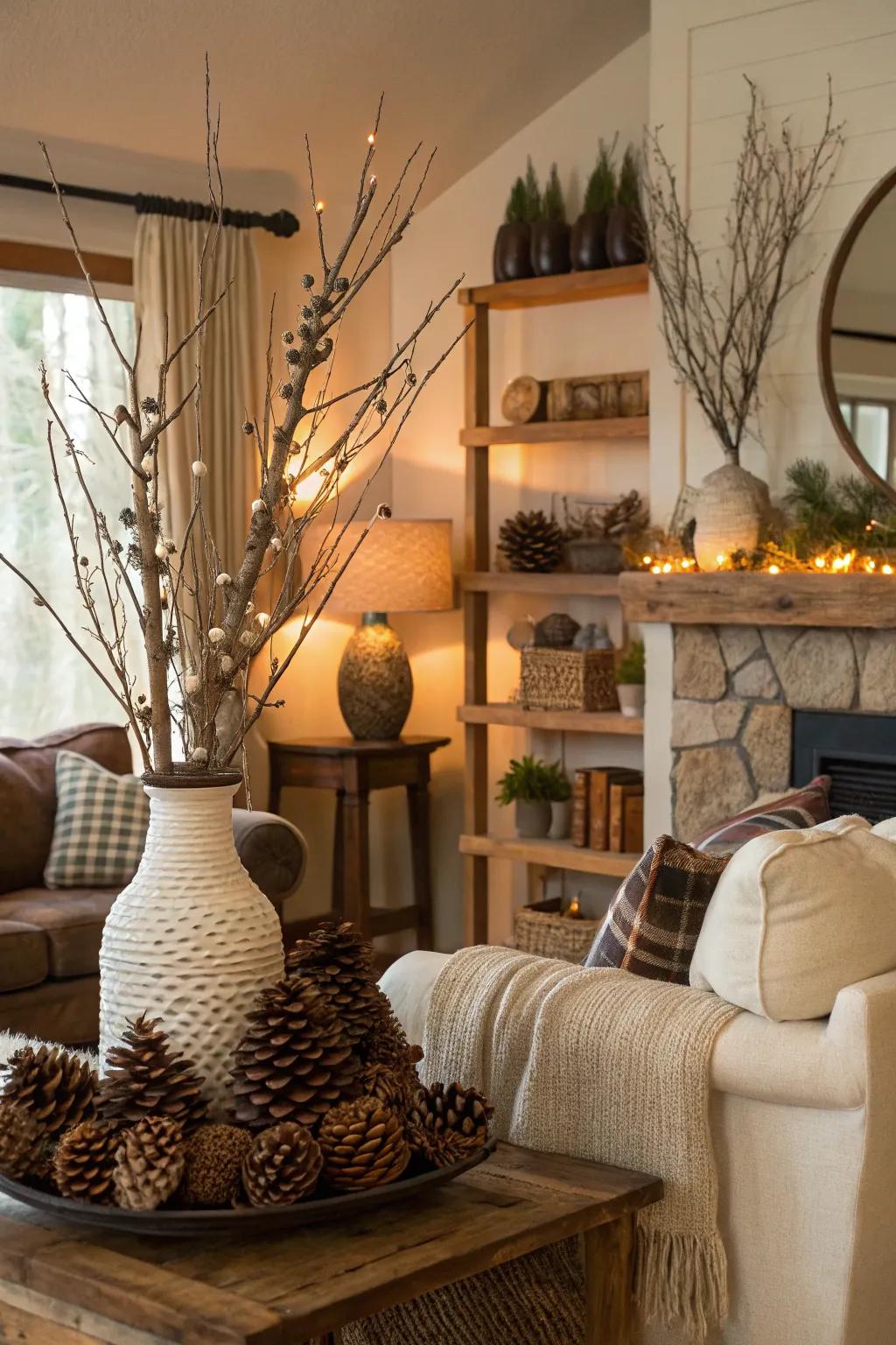 Natural aspects such as pinecones and limbs inject an organic flair into your décor.
