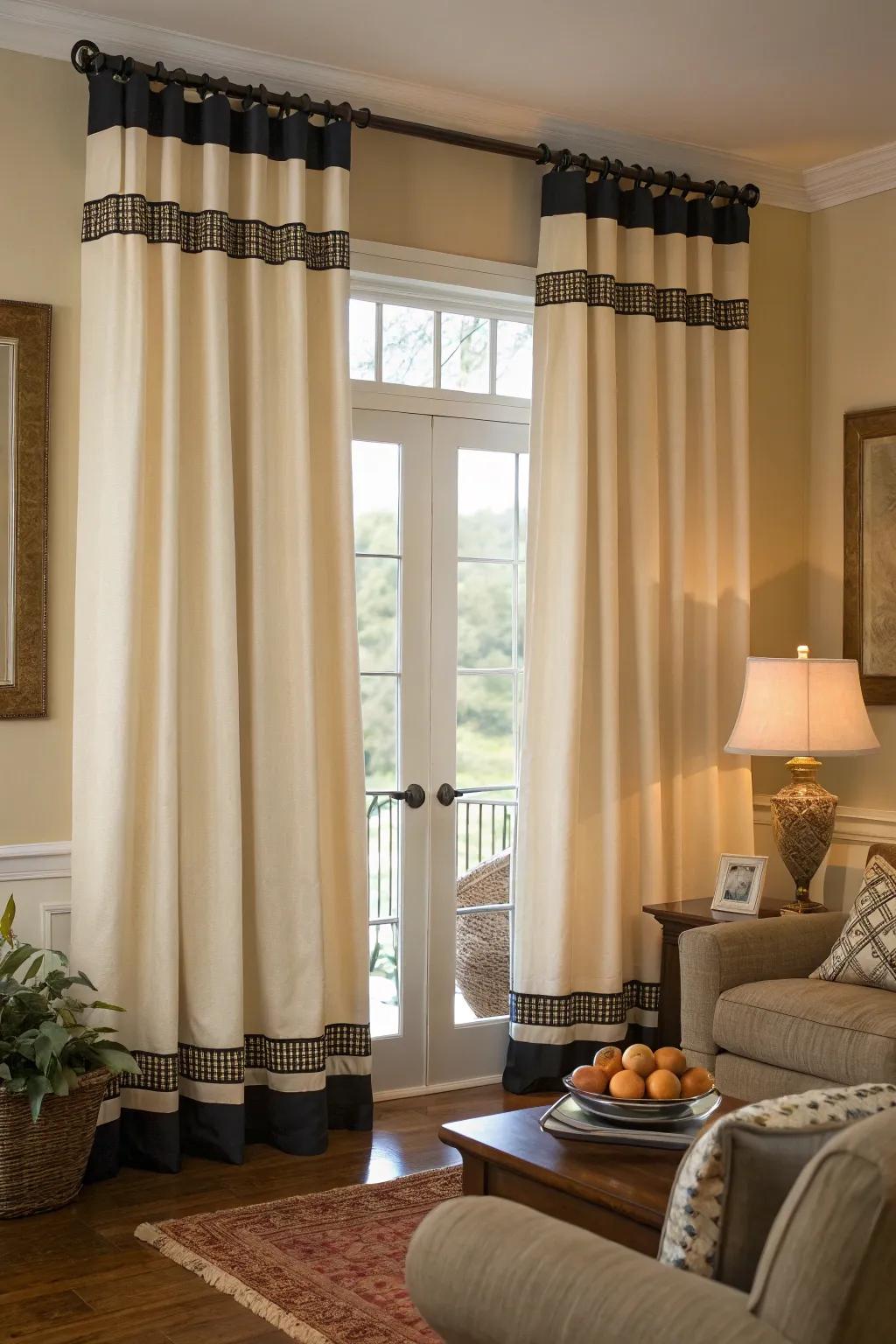 Elegantly framing your living room windows with contrasting borders on drapes.