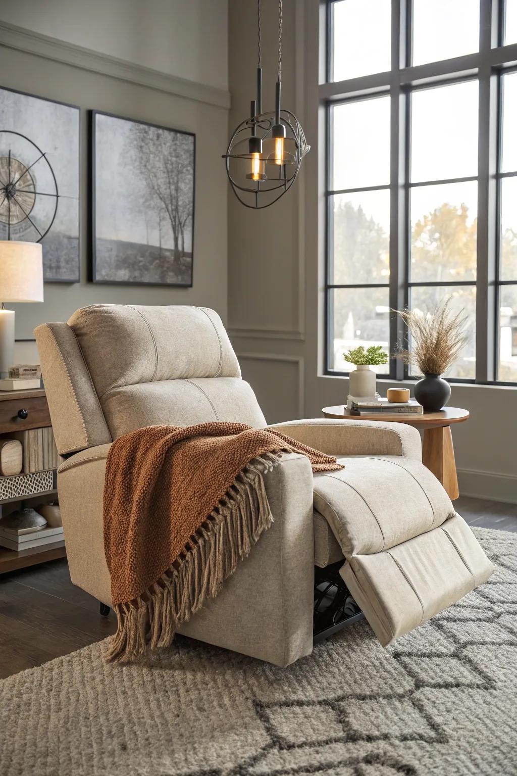 A warm and inviting recliner setup with a soft throw.