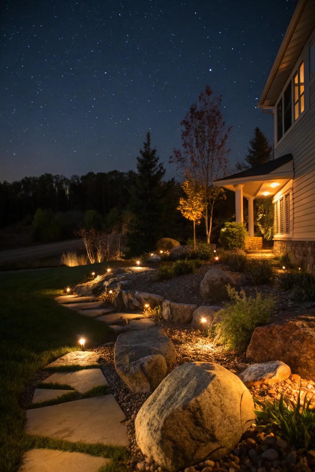 Highlight lighting enhancing stone pieces at night.