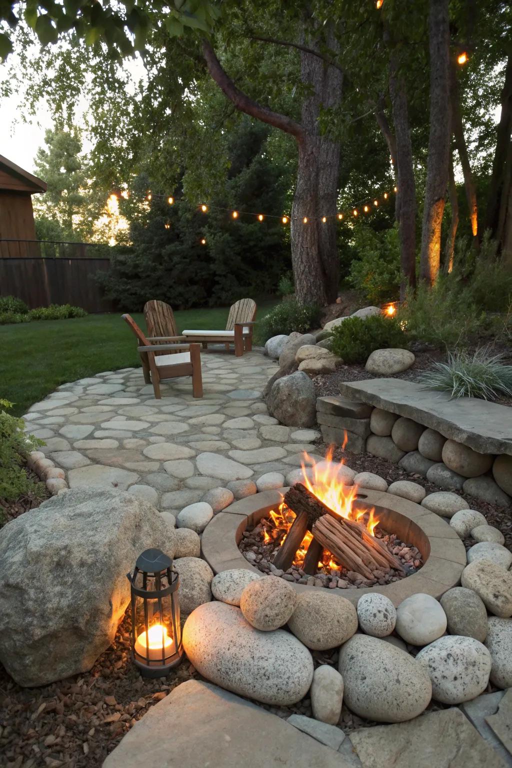 A stone fire pit is perfect for cozy evenings.