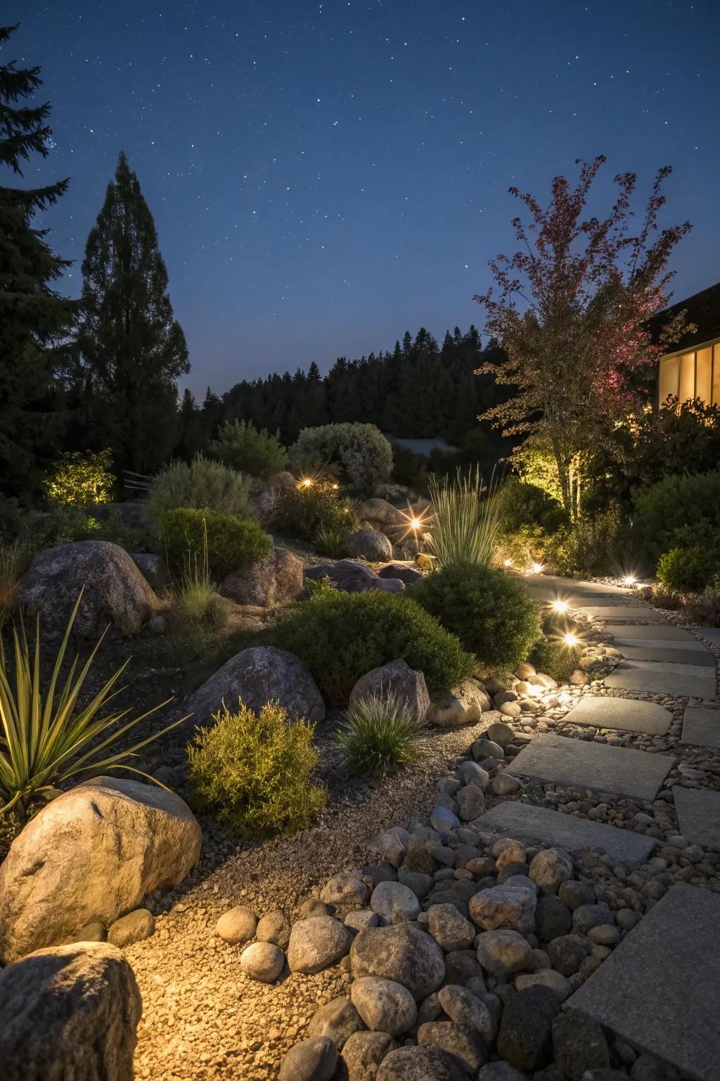 Night lighting enhances the magical atmosphere of a rock garden.