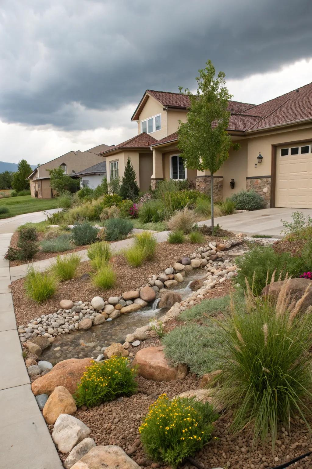 A rain-capture garden efficiently manages stormwater in a xeriscape garden.
