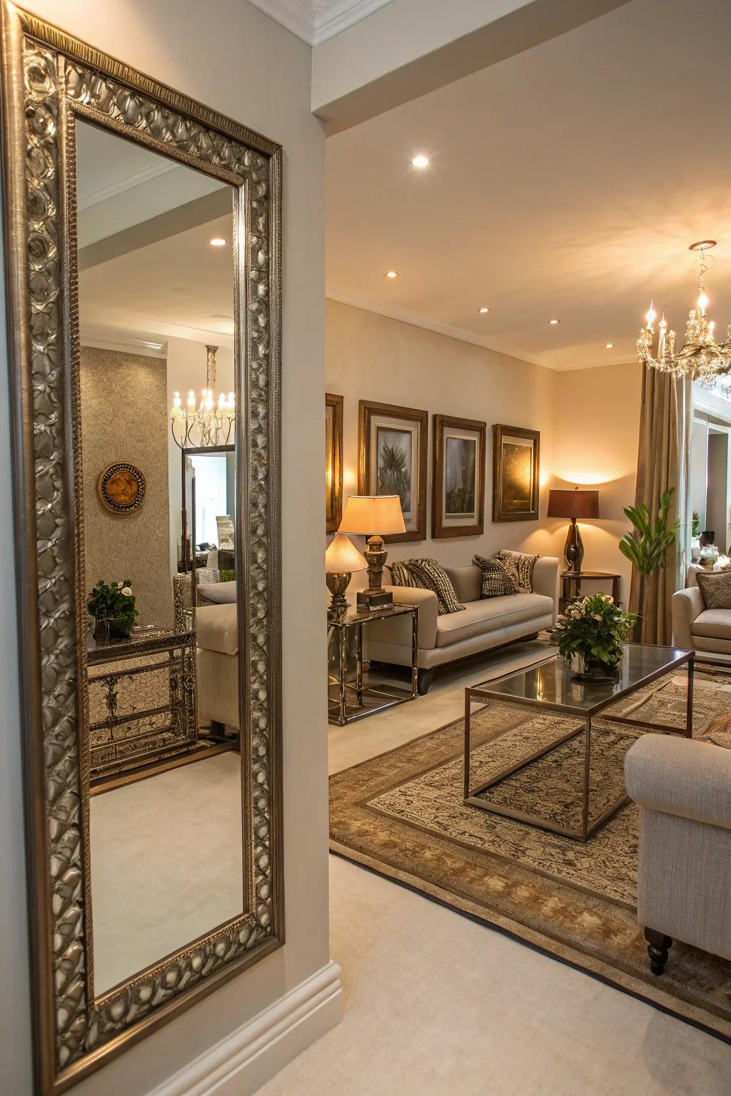 Polished framed mirrors apply luxury and depth to this dwelling.