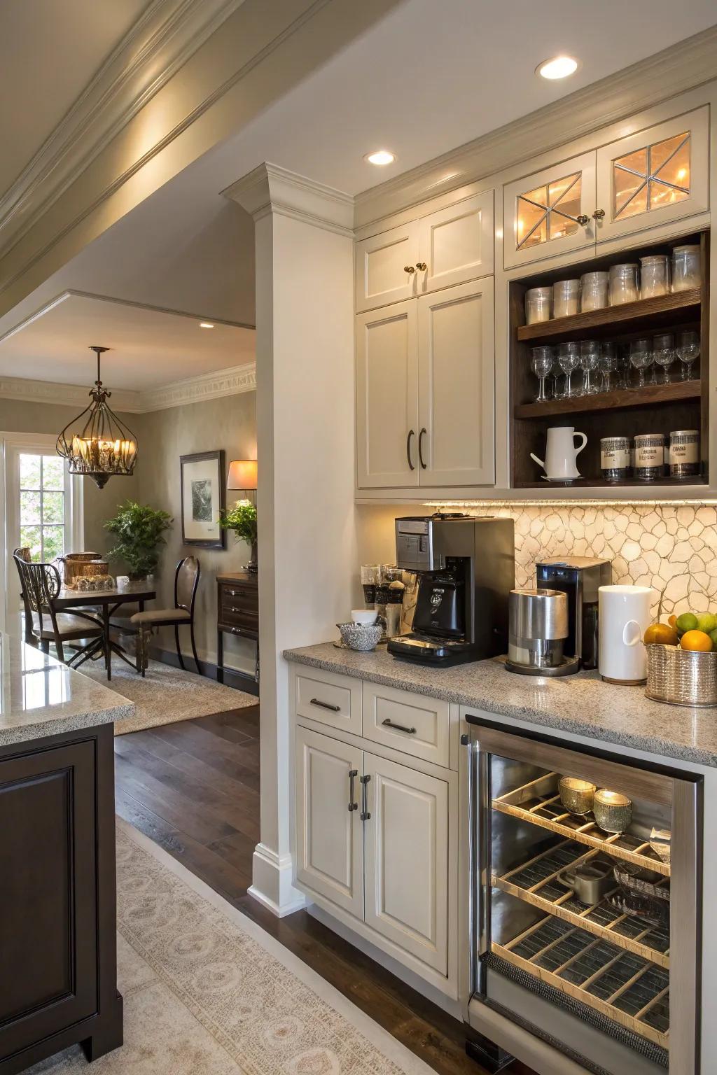 Integrated coffee bar for coffee enthusiasts.