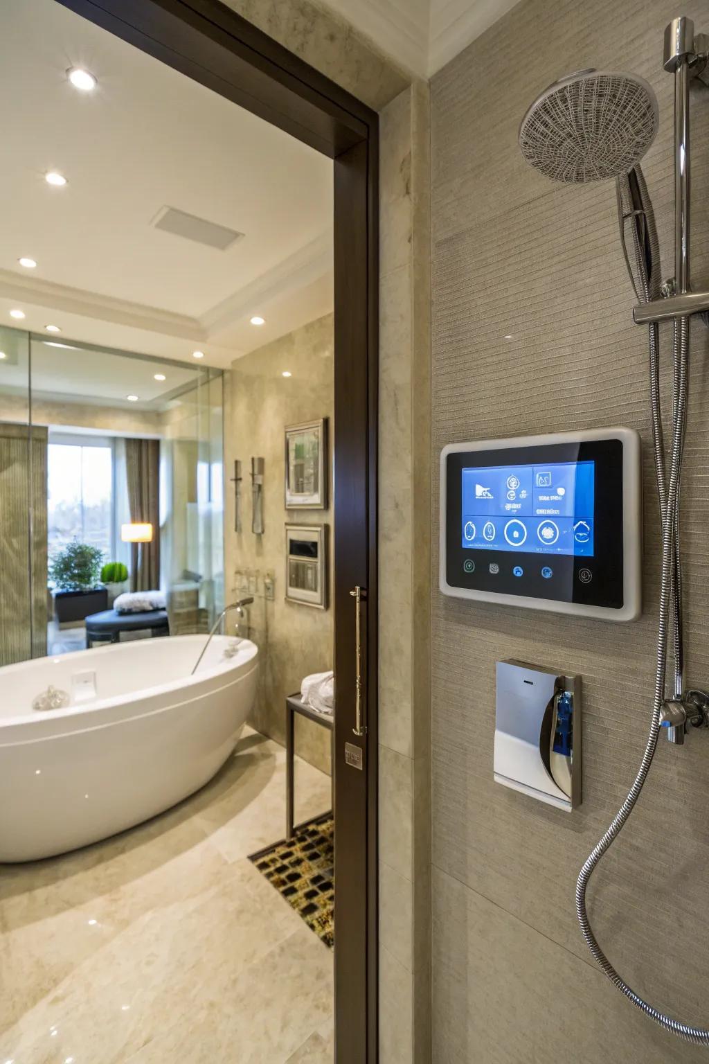 A luxurious bathroom featuring intelligent technology for a modern touch.
